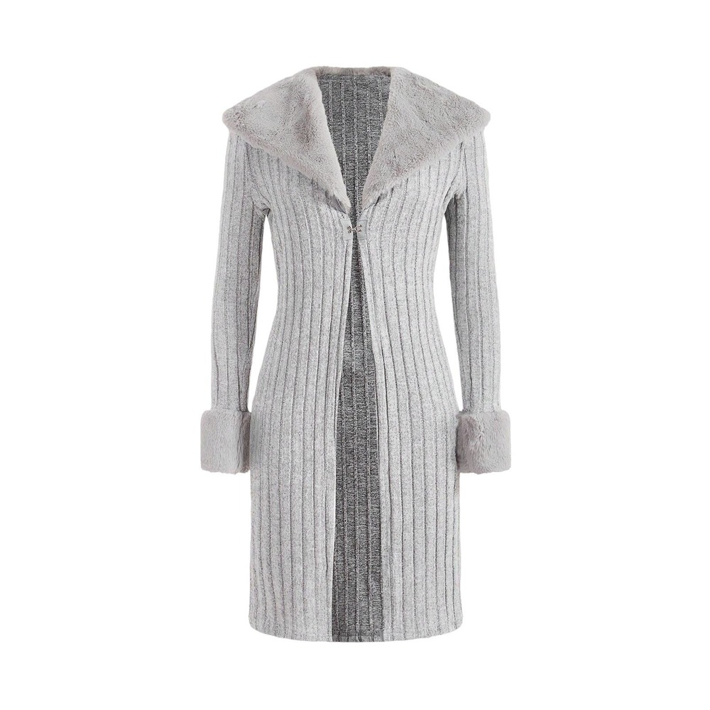 Borg Collar Fuzzy Panel Hook & Eye Front Coat-GREY-M